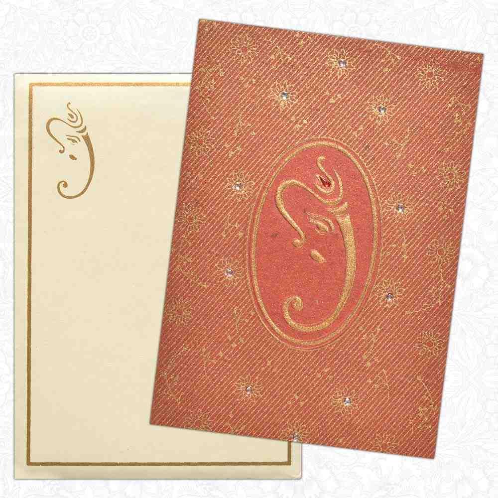 Invitation Card - Stone embellished Metallic Red Card with Lord Ganesha-KNK3977-2