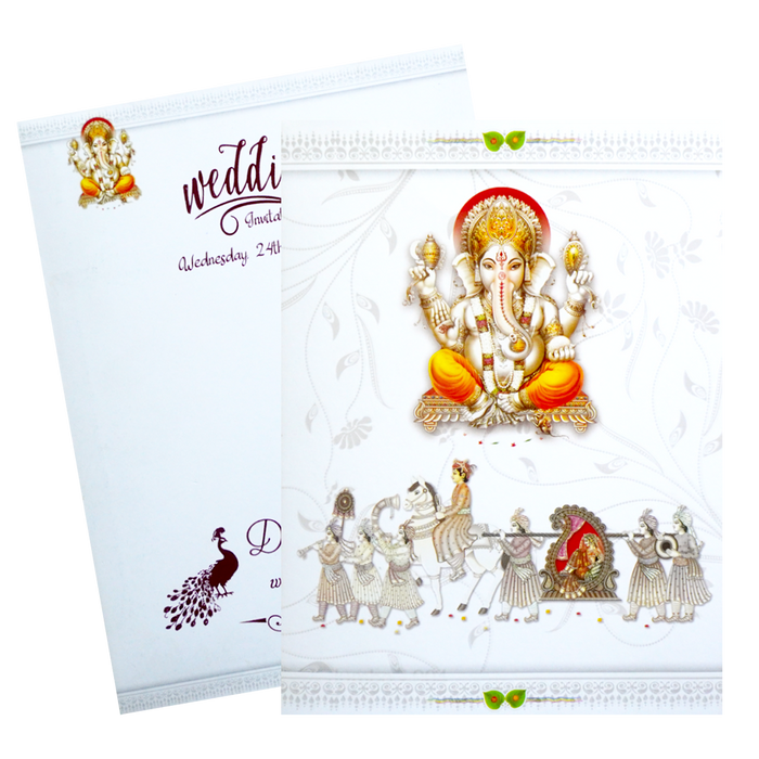 White Classic Ganesha Wedding Card With Doli Baraat-KNK1292-1