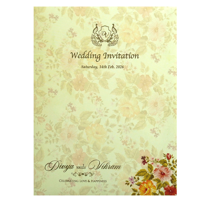 Olive Green Classic Designer Floral Offset Wedding Card With Name Plate-KNKC4031-2