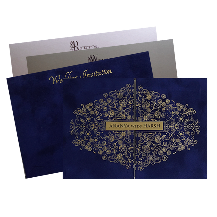Royal Blue Velvet Padded Wedding Card-1