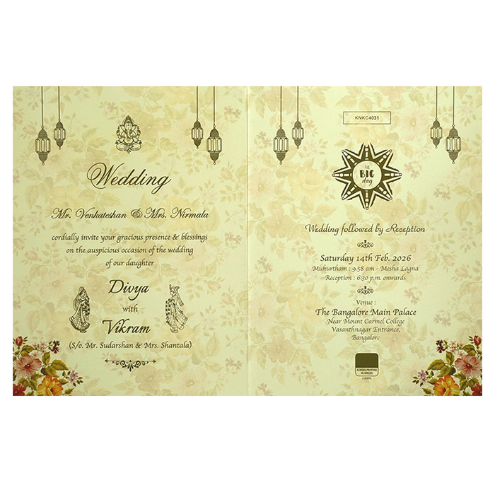 Olive Green Classic Designer Floral Offset Wedding Card With Name Plate-KNKC4031-3
