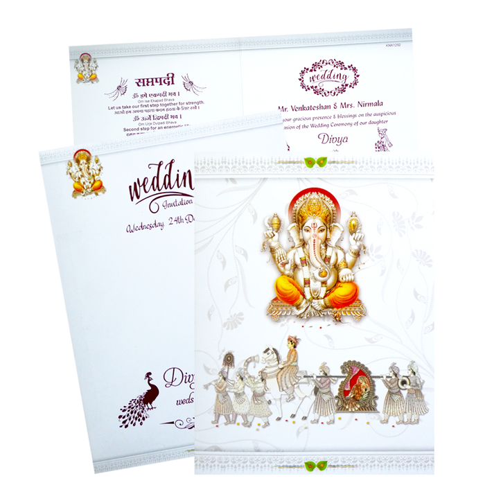 White Classic Ganesha Wedding Card With Doli Baraat-KNK1292-0