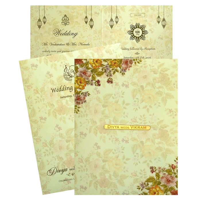 Olive Green Classic Designer Floral Offset Wedding Card With Name Plate-KNKC4031-0