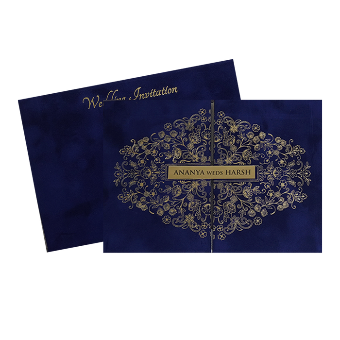 Royal Blue Velvet Padded Wedding Card-2