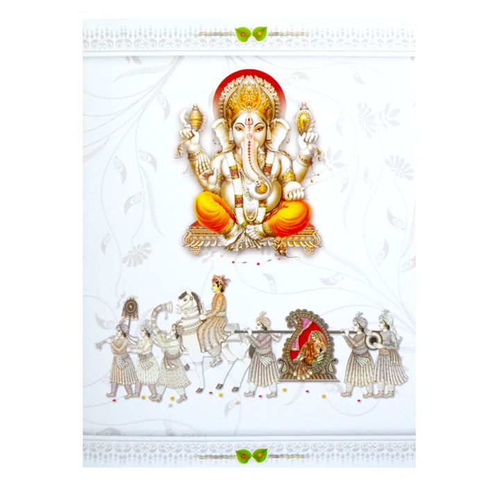 White Classic Ganesha Wedding Card With Doli Baraat-KNK1292-2