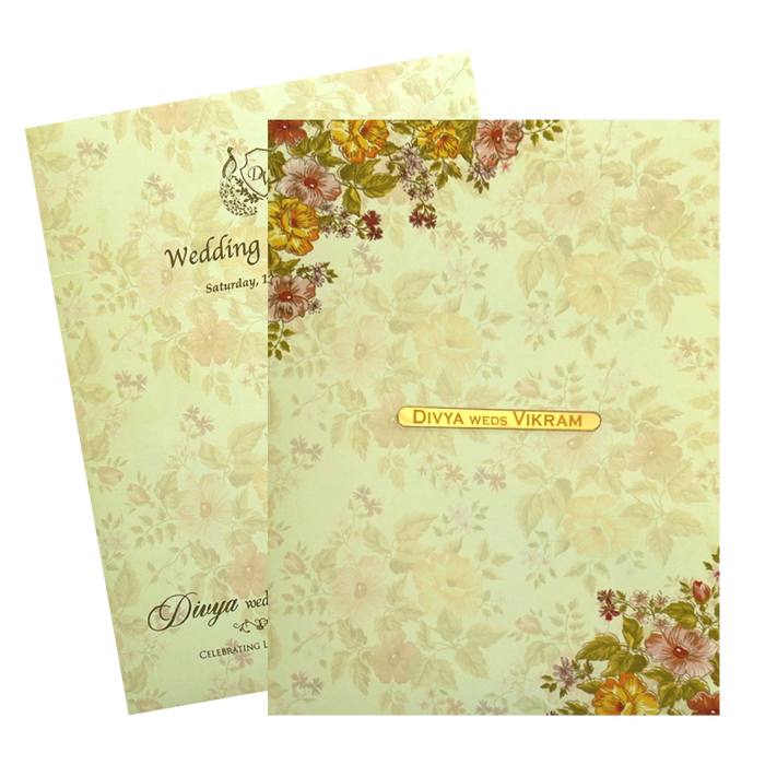 Olive Green Classic Designer Floral Offset Wedding Card With Name Plate-KNKC4031-1