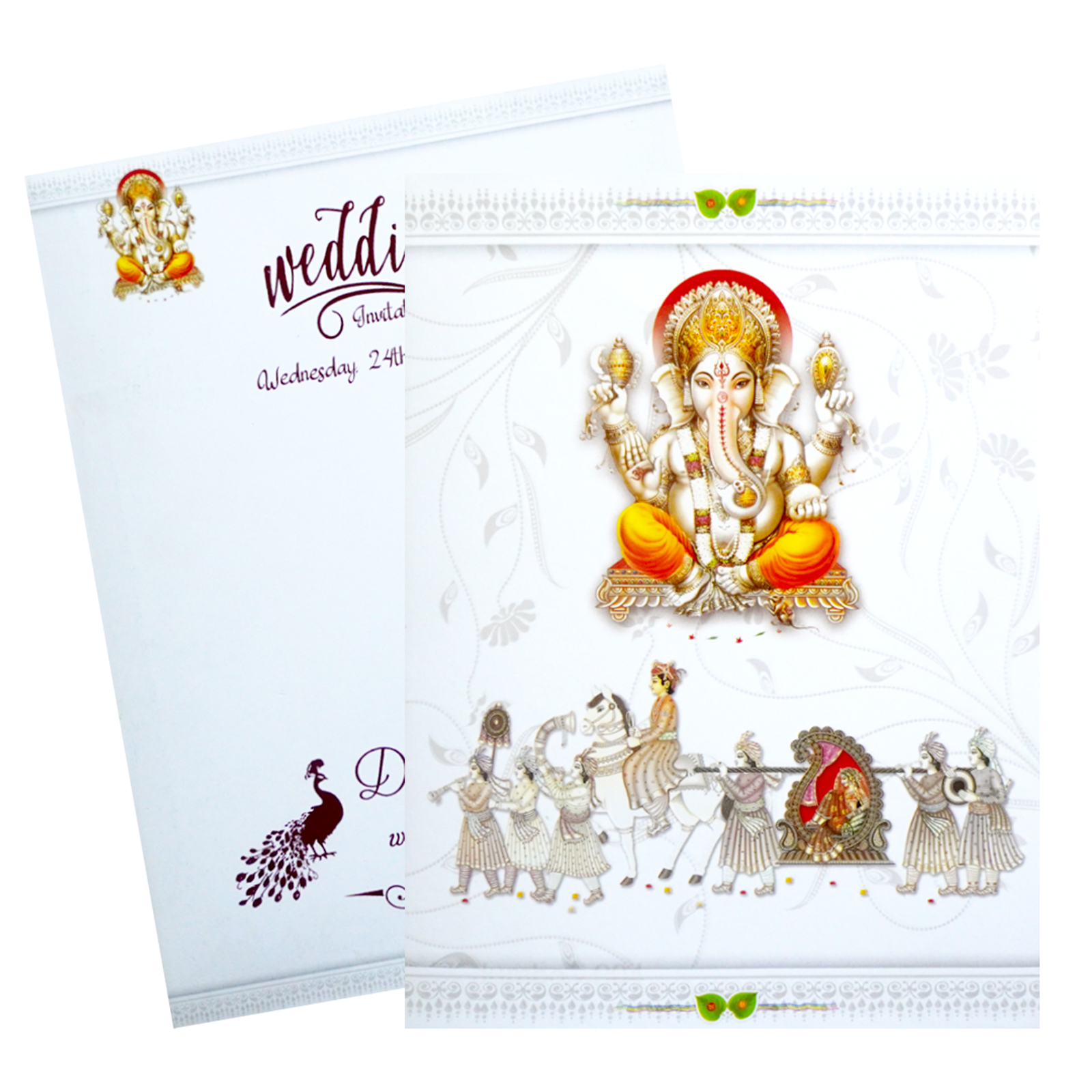White Classic Ganesha Wedding Card With Doli Baraat-KNK1292-1 White Classic Ganesha Wedding Card With Doli Baraat-KNK1292-1