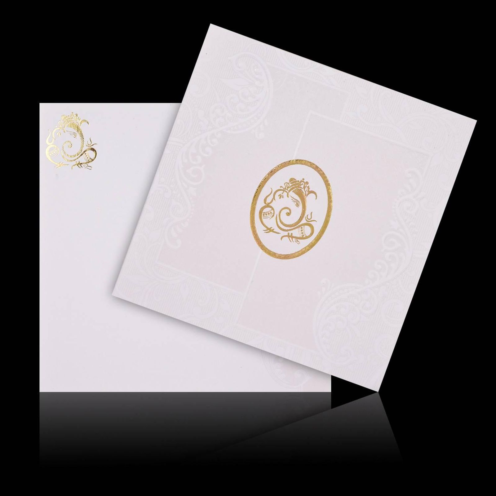 Gold Foiling Embossed Ganesha With Pristine White Shading Wedding Card - KNK08190-3