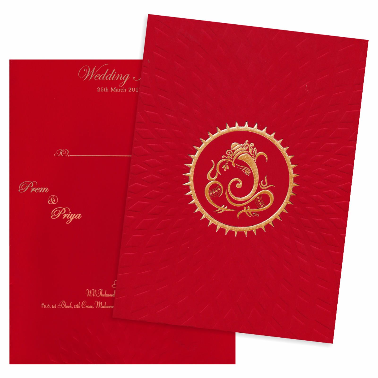 Royal Red Shading With Embossed Design Wedding Card - KNK2048-3