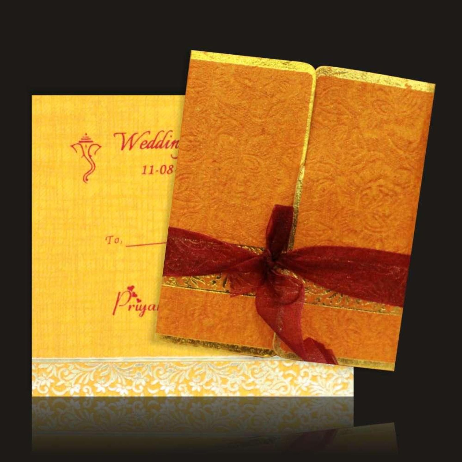 Gorgeous Ribbon With Gold Color Wedding Card - KNK30000-2