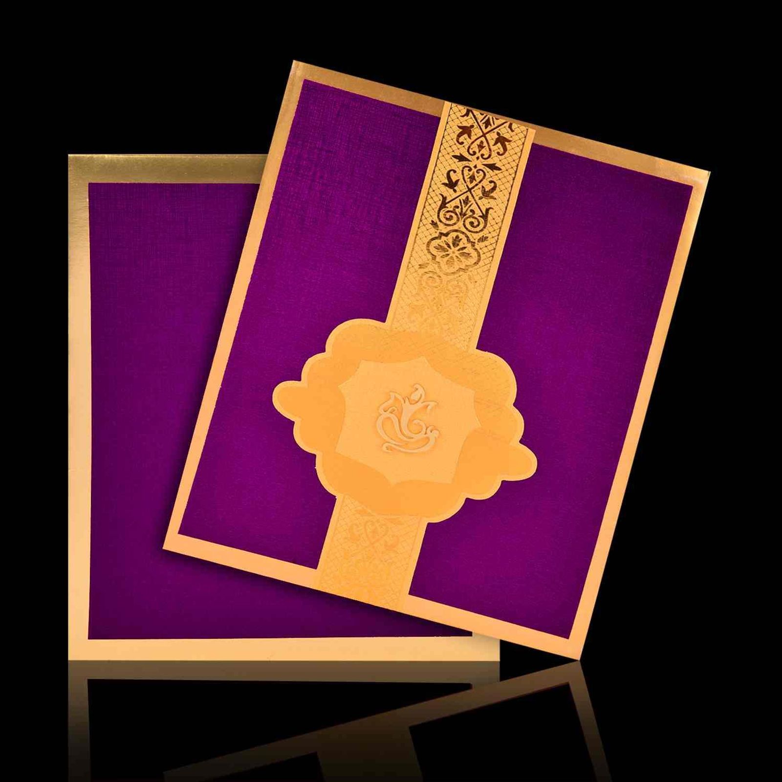 Lovely Purple Shading With Ganesha Padded Wedding Card - KNK30401-1