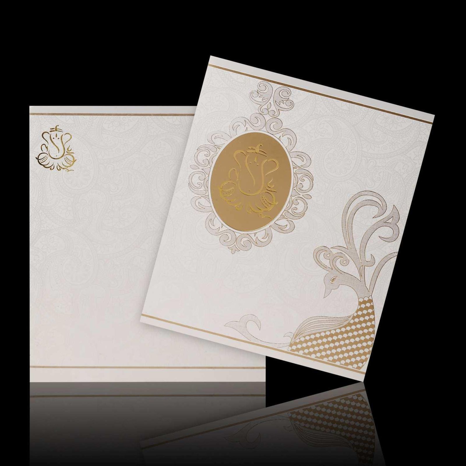 Beautiful Gold Shading Ganesha With Floral Design Wedding Card - KNK3091-0