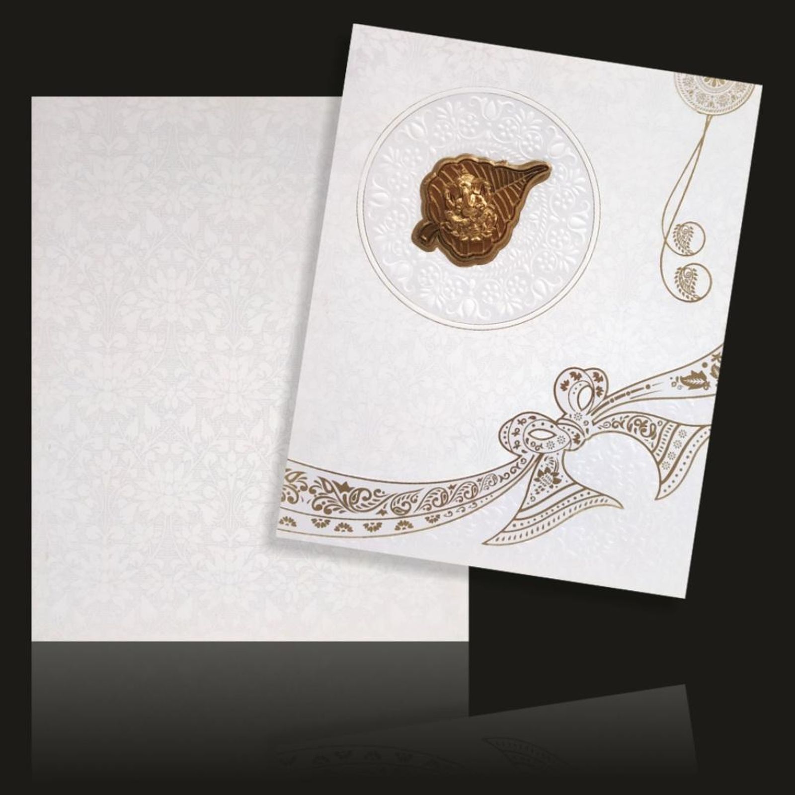 Awestruck Leaf Type Ganesha With White Shading Wedding Card - KNK4791-1